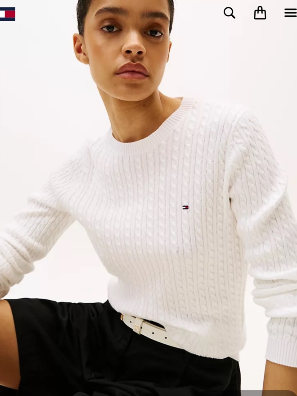 Tommy Hilfiger White Cable-Knit Crew Sweater - Picture 2 of 6